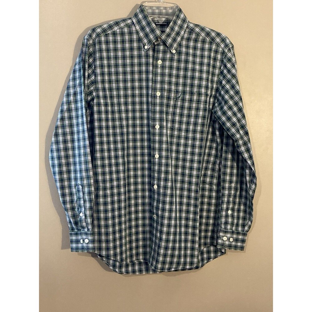 Nautica Mens Long Sleeve Button Down Shirt Small Blue Green Plaid Pocket Cotton